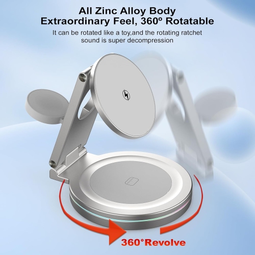 Foldable 360º Rotatable Zinc Alloy 3-in-1 Magnetic Wireless Charger,3 in 1 Charging Station,Charging Stand
