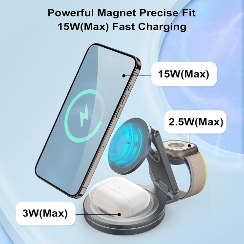 Foldable 360º Rotatable Zinc Alloy 3-in-1 Magnetic Wireless Charger,3 in 1 Charging Station,Charging Stand