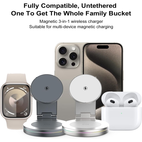 Foldable 360º Rotatable Zinc Alloy 3-in-1 Magnetic Wireless Charger,3 in 1 Charging Station,Charging Stand