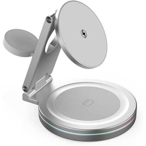 Foldable 360º Rotatable Zinc Alloy 3-in-1 Magnetic Wireless Charger,3 in 1 Charging Station,Charging Stand,15W for iPhone 12-16,(White)