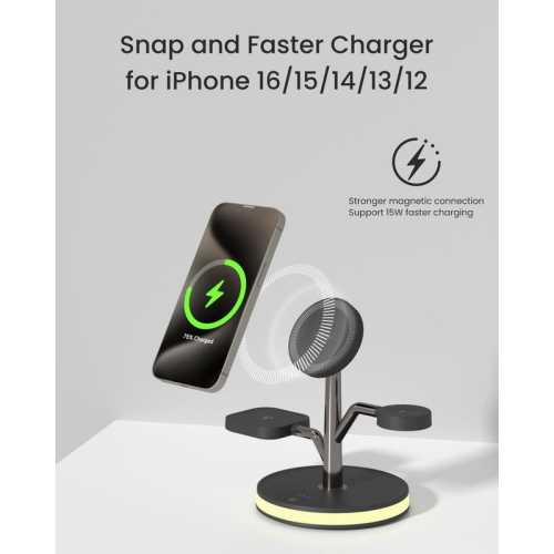 3 in 1 Charging Station for Apple Devices, Fast Charging Magsafe Charger Stand with LED Light and 20W PD Adapter, Wireless Nightstand Charger