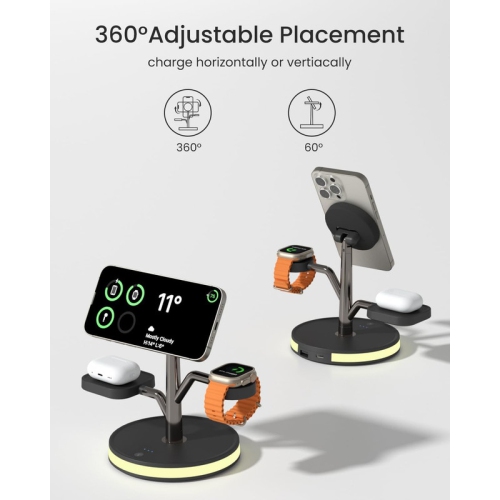 3 in 1 Charging Station for Apple Devices, Fast Charging Magsafe Charger Stand with LED Light and 20W PD Adapter, Wireless Nightstand Charger