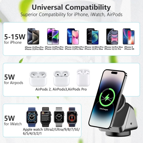 Wireless 3 in 1 Charging Station for Multiple Devices, Magnetic Rotatable Charger Stand Availabl
