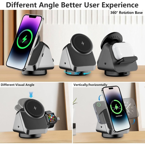 Wireless 3 in 1 Charging Station for Multiple Devices, Magnetic Rotatable Charger Stand Availabl