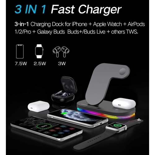 Wireless Charger, 3 in 1 Wireless Charging Station Qi-Certified for iPhone,iWatch Series,AirPods
