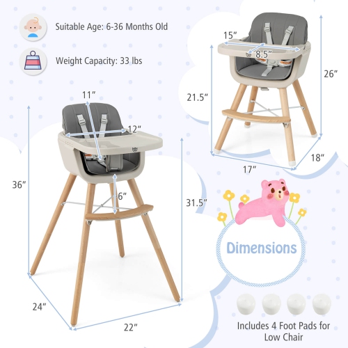 Costway 3 in 1 Convertible Wooden High Chair Baby Toddler Highchair w/ Cushion