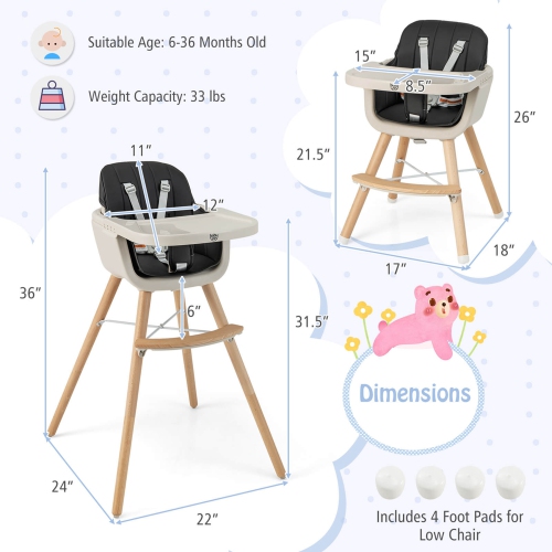 Costway 3 in 1 Convertible Wooden High Chair Baby Toddler Highchair w/ Cushion