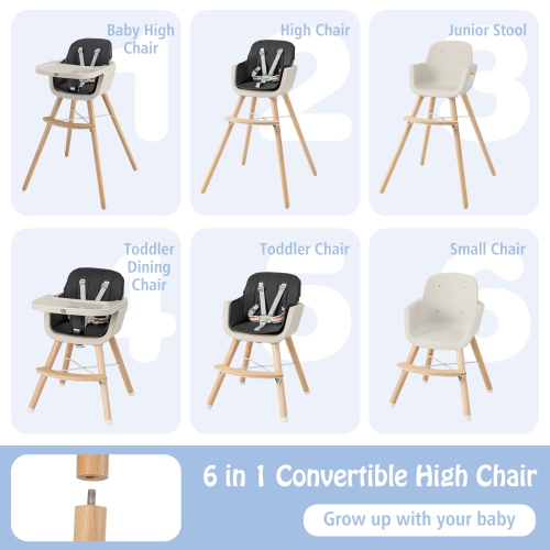 Costway 3 in 1 Convertible Wooden High Chair Baby Toddler Highchair w/ Cushion