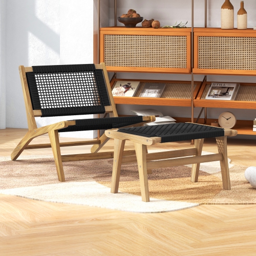 Gymax Teak Ottoman Footstool w/ Handwoven Cordage for Patio Porch Balcony Lawn