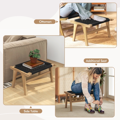 Gymax Teak Ottoman Footstool w/ Handwoven Cordage for Patio Porch Balcony Lawn