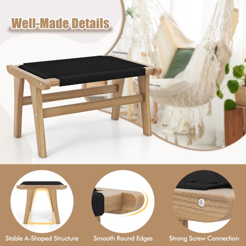 Gymax Teak Ottoman Footstool w/ Handwoven Cordage for Patio Porch Balcony Lawn