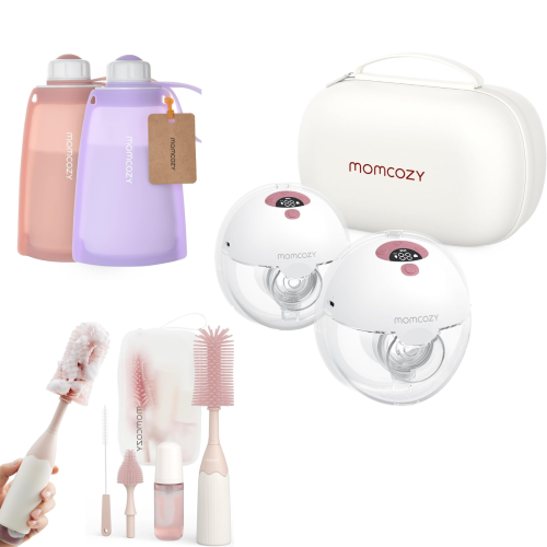 Image 1 de 10.. Momcozy M5 All-in-one Breast Pump,3 Modes 9 Levels & Silicone Breastmilk Storage Bags, Reusable Breastmilk Freezer Storing Bags & Bottle Brush Kit,