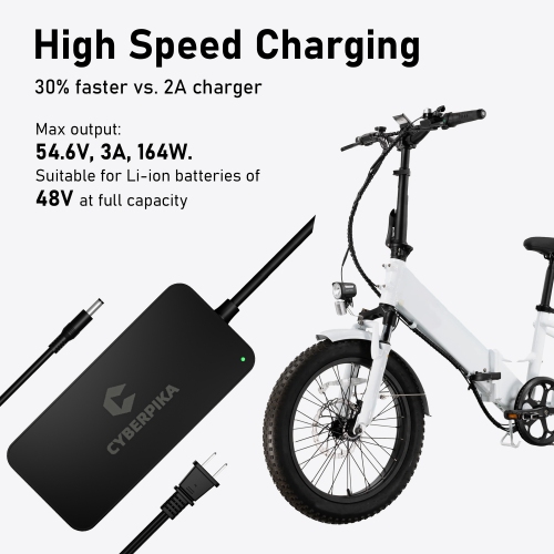 Cyberpika Portable eBike Charger – 54.6V 3A Fast Charging for 48V Lithium Batteries – Sleek, Ultra-Compact Design by MIT startup – Enhanced Safety –