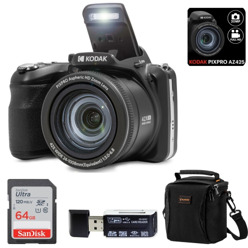 KODAK  Pixpro Az425 Astro Zoom 20Mp Full HD Digital Camera (Black) Bundled \w Sandisk 64GB Memory Card And Camera Bag. Get A Free Sd Card Reader And