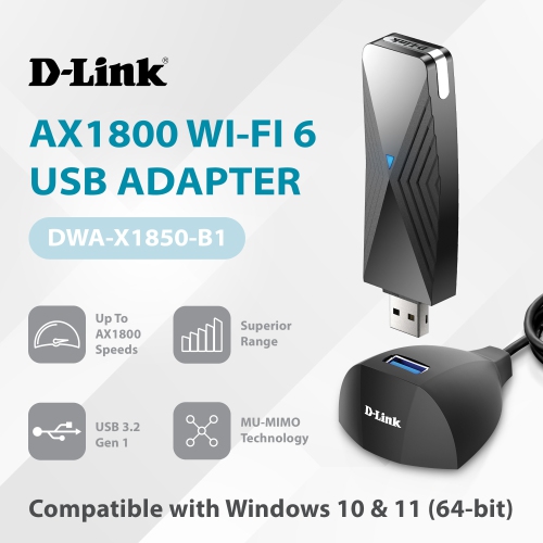 D-Link USB WiFi 6 Adapter AX1800 USB 3.0 Dual Band Long Range MU-MIMO Wireless Internet Network for Desktop PC Laptop Windows