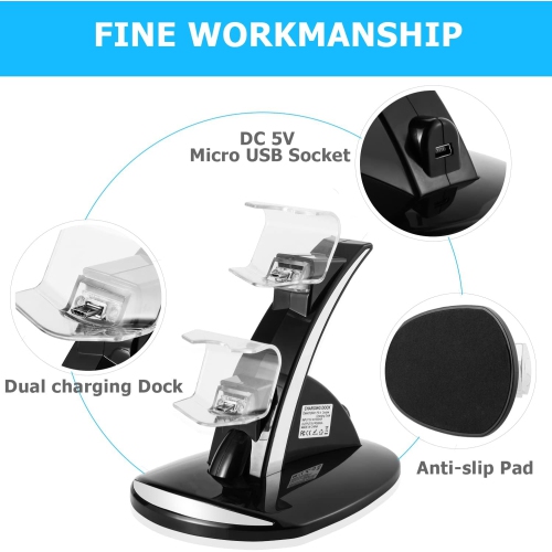 PS4 Controller Charger, PS4 Charging Station for PS4 / PS4 Pro / PS4 Slim DualShock 4 Controller, Dual USB Fast Charging Station Stand with LED