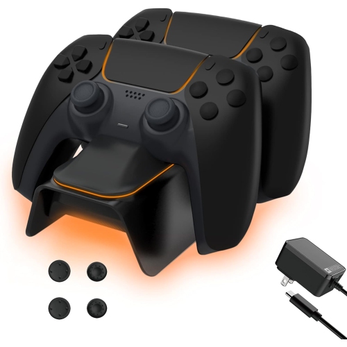 Black Enhanced PS5 Controller Charger with Thumb Grip Kit, Fast Charging AC Adapter, Charging Station Dock for Dual PlayStation 5 Controllers with
