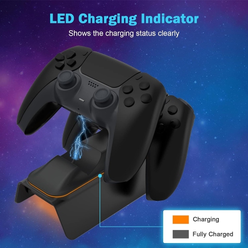 Black Enhanced PS5 Controller Charger with Thumb Grip Kit, Fast Charging AC Adapter, Charging Station Dock for Dual PlayStation 5 Controllers with