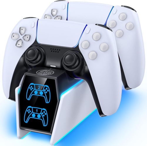 Chargeur de manette de PS5 blanc compatible avec la PlayStation 5 Edge et les manettes doubles, station de chargement pour PS5 avec câble de