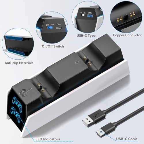 Chargeur de manette de PS5 blanc compatible avec la PlayStation 5 Edge et les manettes doubles, station de chargement pour PS5 avec câble de