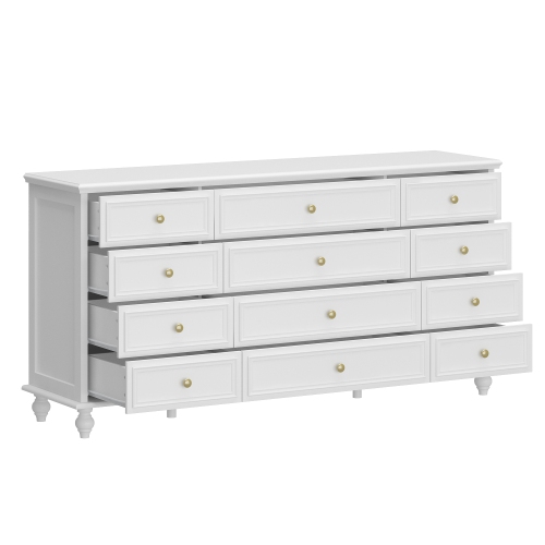HOMSEE  12-Drawer Chest With Gold Knobs And Turned Legs – Luxurious Storage Solution (31.5" H X 63" W X 15.7" D) In White