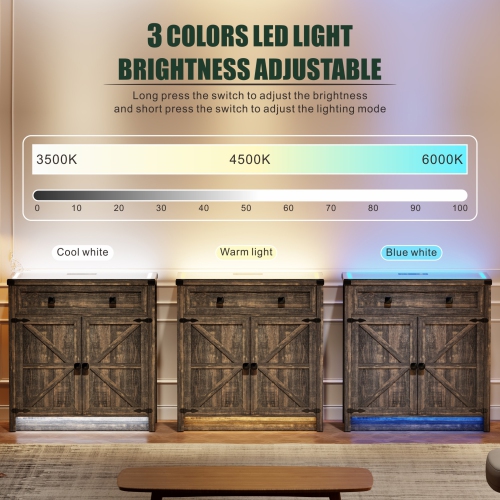 Vlsrka Farmhouse Dresser with LED Light, Sideboard Buffet Cabinet with Charging Station, Coffee Bar Table 2 Drawers Dresser Chests for Bedroom,