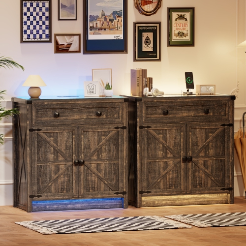 Vlsrka Farmhouse Dresser with LED Light, Sideboard Buffet Cabinet with Charging Station, Coffee Bar Table 2 Drawers Dresser Chests for Bedroom,