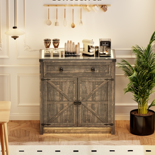 Vlsrka Farmhouse Dresser with LED Light, Sideboard Buffet Cabinet with Charging Station, Coffee Bar Table 2 Drawers Dresser Chests for Bedroom,