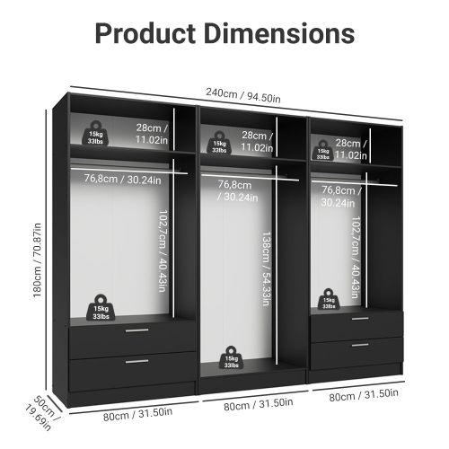 MADESA 6 Doors 4 Drawers Wardrobe Set Armoire Closet Bedroom Storage Cabinet with Shelves and Hanging Space 94"L Wooden Clothing Organizer Unit -
