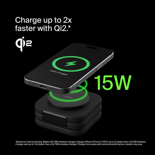 Belkin 3-in-1 15W Qi2 Wireless Travel Charging Pad with Travel Bag - Black