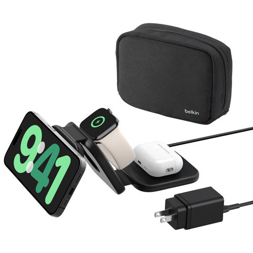 Belkin 3-in-1 15W Qi2 Wireless Travel Charging Pad with Travel Bag - Black