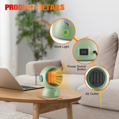 Portable Space Heater, 1200W Mini Electric PTC Ceramic Heaters with Overheat & Tip-Over Protection Personal Heater for Home