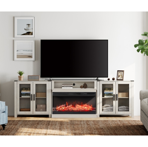 Image 1 of 9.. WAMPAT Fireplace 3 in 1 TV Stand Set for 100 inch TV, Farmhouse Entertainment Center with 4 Mesh Door and Open Storage Shelves, Wood Media TV Console