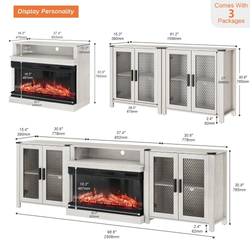 WAMPAT Fireplace 3 in 1 TV Stand Set for 100 inch TV, Farmhouse Entertainment Center with 4 Mesh Door and Open Storage Shelves, Wood Media TV Console