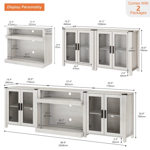 WAMPAT 2 in 1 TV Stand Set for 100 inch TV,Farmhouse Entertainment Center with 4 Mesh Door and Open Storage Shelves,Wood Media TV Console Table for