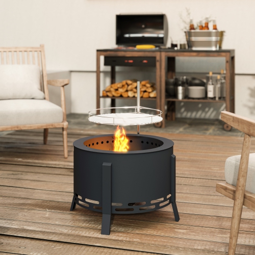Foyer extérieur Outsunny, foyer rond avec grille, foyer avec ramasse-cendres et tisonnier pour pique-nique Bonfire de camping dans la cour, noir