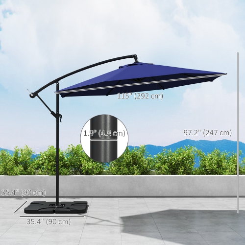 Parasol de patio excentré Outsunny 9.6&nbsp;pi avec base, parasol suspendu avec manivelle, pare-soleil en porte-à-faux en banane, bleu marine