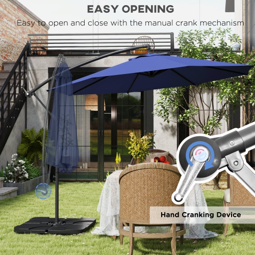 Parasol de patio excentré Outsunny 9.6&nbsp;pi avec base, parasol suspendu avec manivelle, pare-soleil en porte-à-faux en banane, bleu marine
