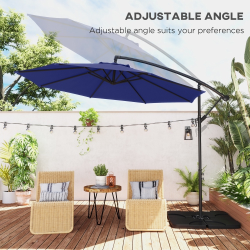 Parasol de patio excentré Outsunny 9.6&nbsp;pi avec base, parasol suspendu avec manivelle, pare-soleil en porte-à-faux en banane, bleu marine