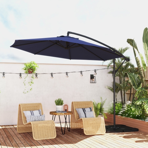 Parasol de patio excentré Outsunny 9.6&nbsp;pi avec base, parasol suspendu avec manivelle, pare-soleil en porte-à-faux en banane, bleu marine