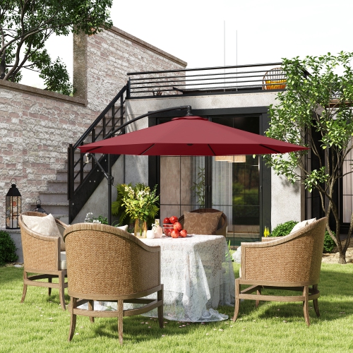 Outsunny 9.7ft Offset Patio Umbrella with Base, Garden Hanging Parasol with Crank, Banana Cantilever Umbrella Sun Shade, Wine Red