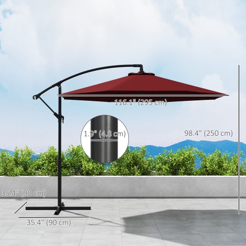 Outsunny 9.7ft Offset Patio Umbrella with Base, Garden Hanging Parasol with Crank, Banana Cantilever Umbrella Sun Shade, Wine Red