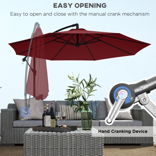 Outsunny 9.7ft Offset Patio Umbrella with Base, Garden Hanging Parasol with Crank, Banana Cantilever Umbrella Sun Shade, Wine Red