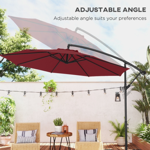 Outsunny 9.7ft Offset Patio Umbrella with Base, Garden Hanging Parasol with Crank, Banana Cantilever Umbrella Sun Shade, Wine Red