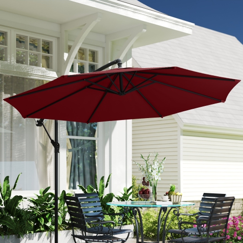 Outsunny 9.7ft Offset Patio Umbrella with Base, Garden Hanging Parasol with Crank, Banana Cantilever Umbrella Sun Shade, Wine Red