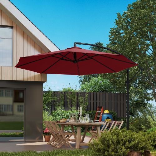 Outsunny 9.7ft Offset Patio Umbrella with Base, Garden Hanging Parasol with Crank, Banana Cantilever Umbrella Sun Shade, Wine Red