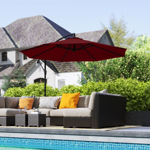 Outsunny 9.7ft Offset Patio Umbrella with Base, Garden Hanging Parasol with Crank, Banana Cantilever Umbrella Sun Shade, Wine Red