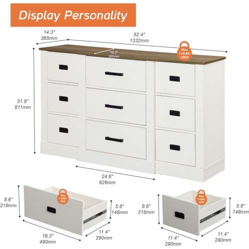WAMPAT Dresser for Bedroom with 9 Drawers, 52" Wide Storage Chest of Drawers, Wood Closet Chests Organizer for Clothes, Kids Room, Living Room,