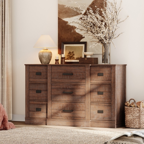 WAMPAT Dresser for Bedroom with 9 Drawers, 52" Wide Storage Chest of Drawers, Wood Closet Chests Organizer for Clothes, Kids Room, Living Room,