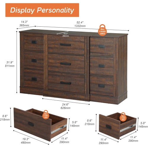 WAMPAT Dresser for Bedroom with 9 Drawers, 52" Wide Storage Chest of Drawers, Wood Closet Chests Organizer for Clothes, Kids Room, Living Room,